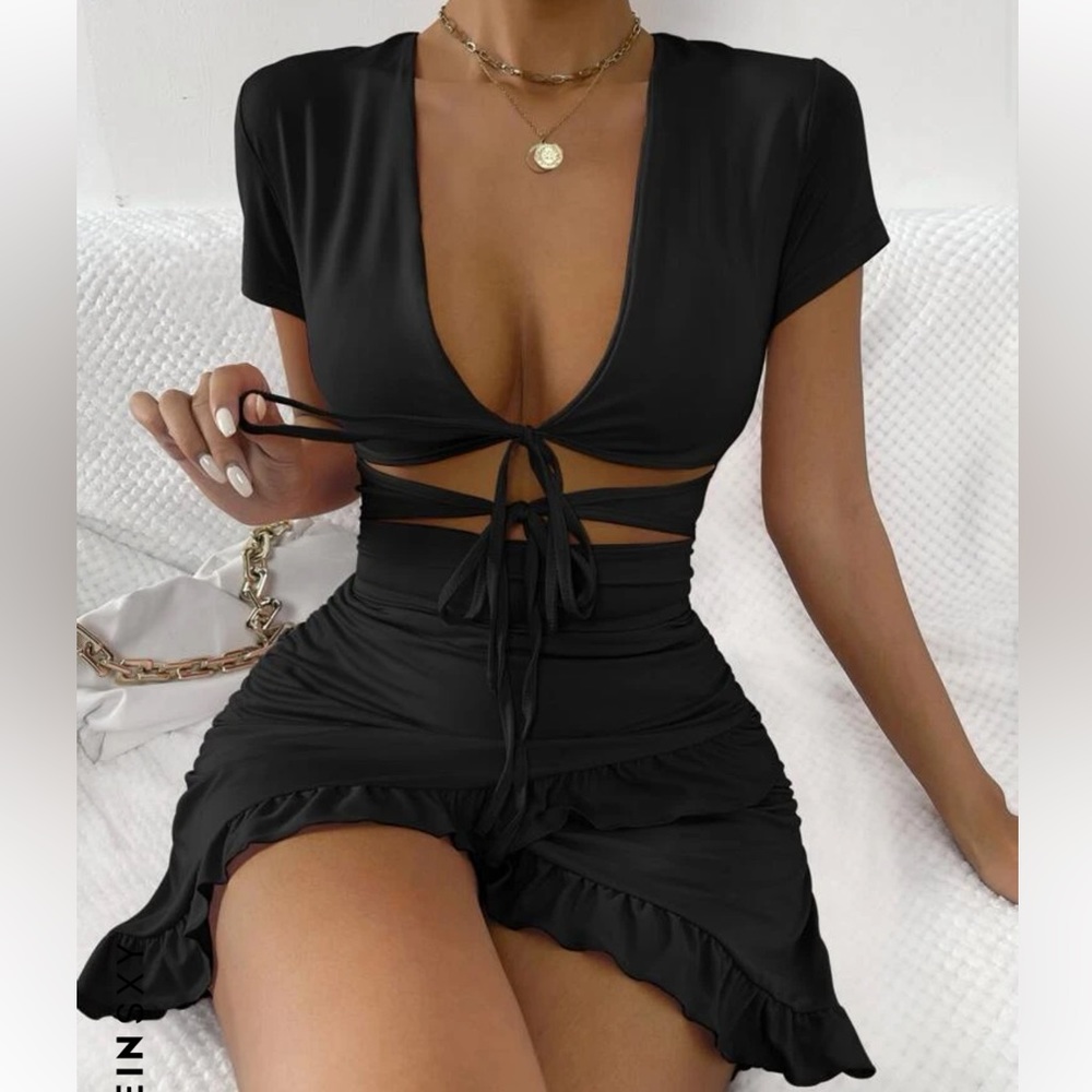 Tied Cutout Front Ruffle Trim Wrap Hem Dress